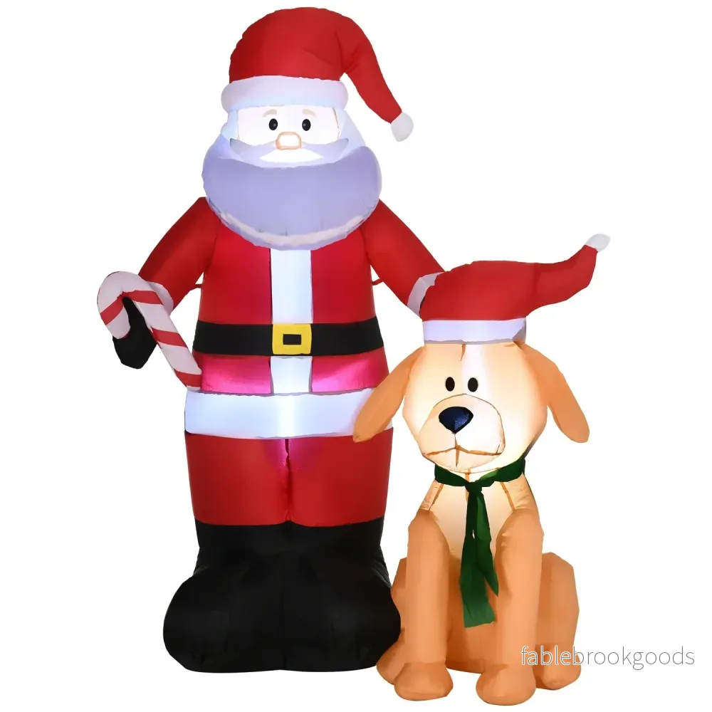 Uppblåsbar 157Cm tomte med hund, LED-lampor, vattentät