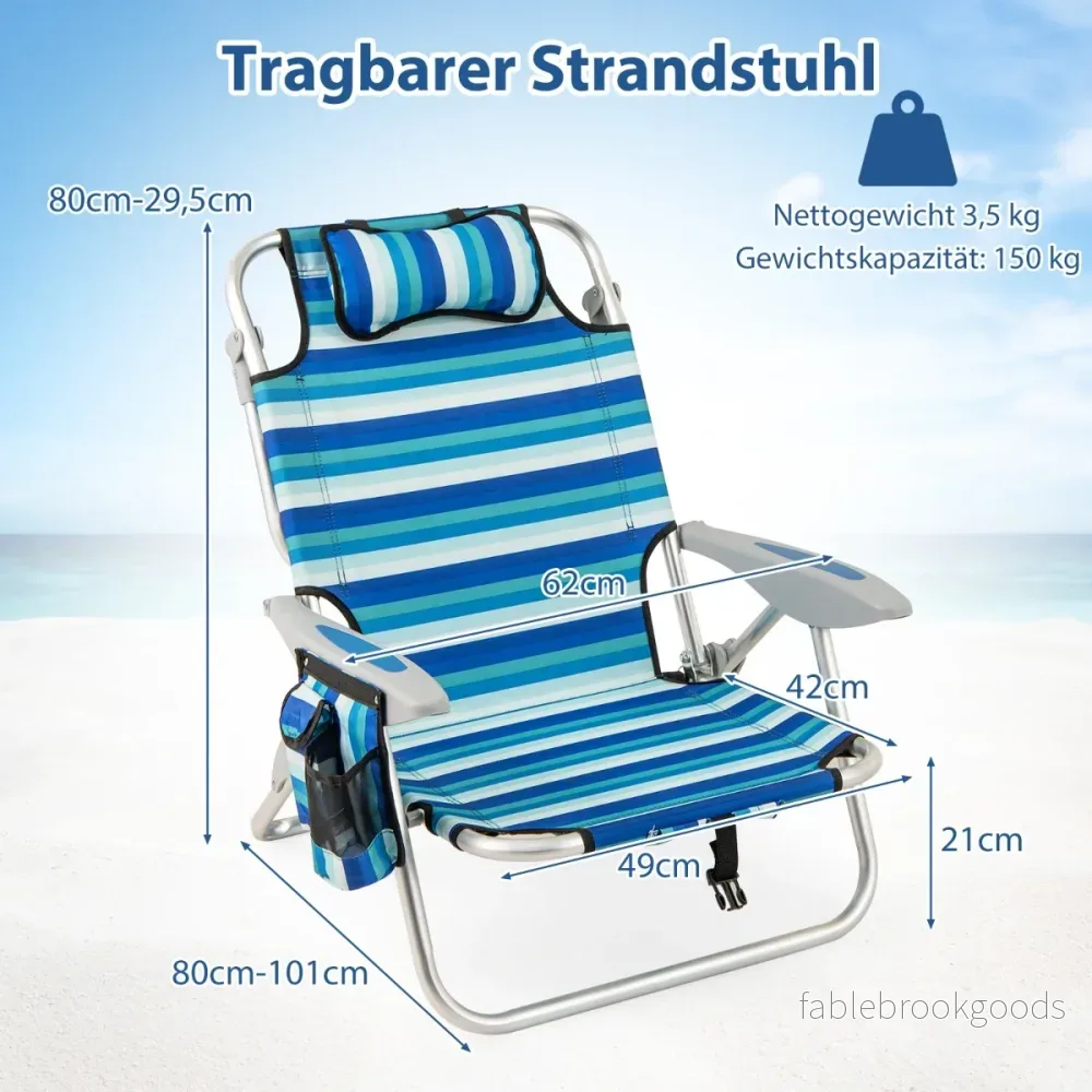 Fällbar – strandstol med justerbart ryggstöd och kylväska campingstol – Blå - Bild 2