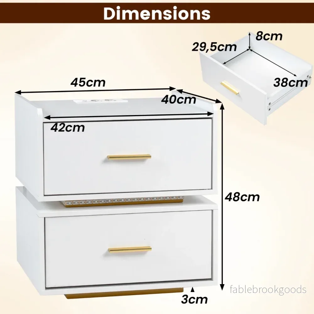 pack – nattbord med laddstation, LED och lådor modernt halvhängande, vitt – 2 2 – Vit - Bild 2