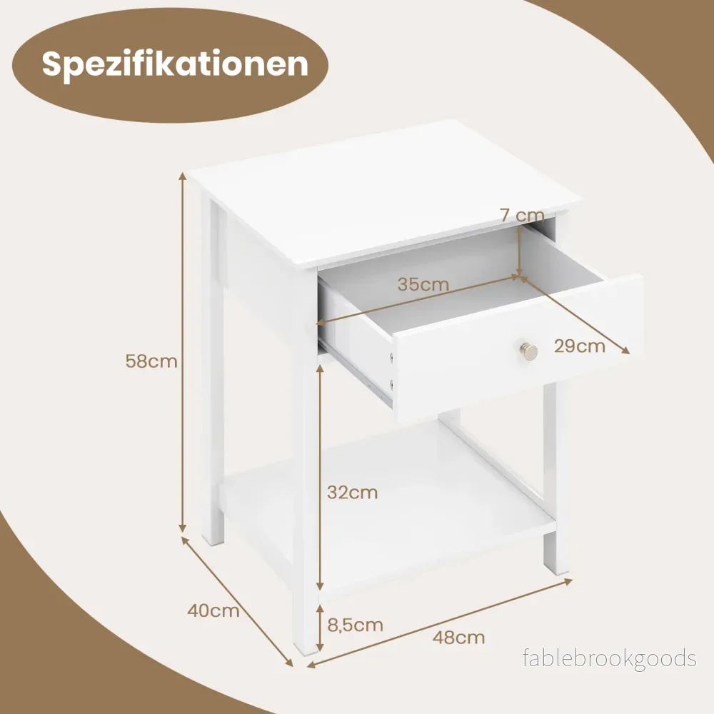 Nattduksbord – med låda och öppen hylla, sidobord, nattbord, nattkonsol – Vit - Bild 2