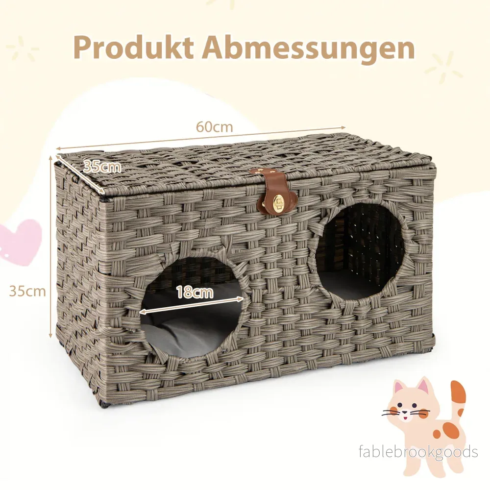 Katt – hus av PE Rattan Fällbar säng med avtagbara kuddar och låsbart lock – 60 x 35 x 35 cm – Grå - Bild 2