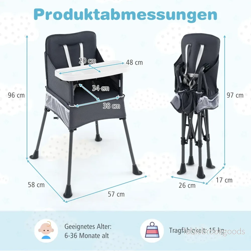 Baby – Fällbar Högstol med Justerbart Bricka och Bärväska Barnstol – Grå - Bild 2