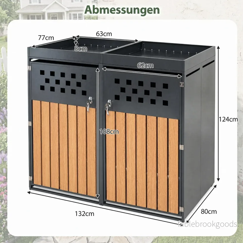 Soptunneförråd – för två kärl i galvaniserad stål med planterbart tak, mått – 132 x 80 x 124 cm - Bild 2