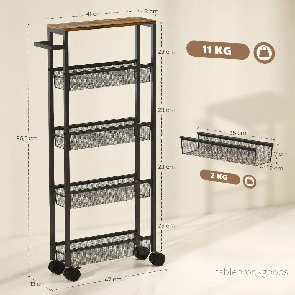 Köksvagn med 5 hyllor, rullvagn, svart, 47x13x96,5 cm - Bild 3