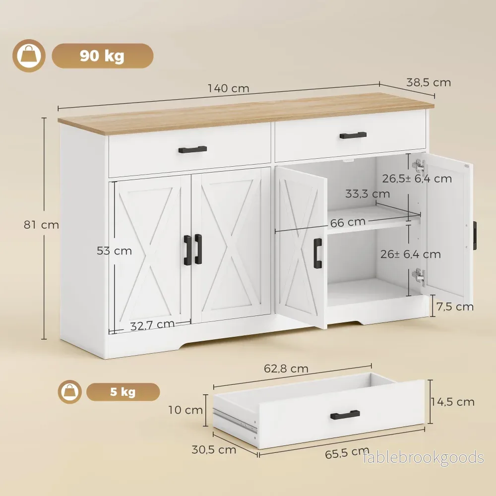 Skänk i lantlig stil, buffé, 140 cm, 2 lådor, vit - Bild 3
