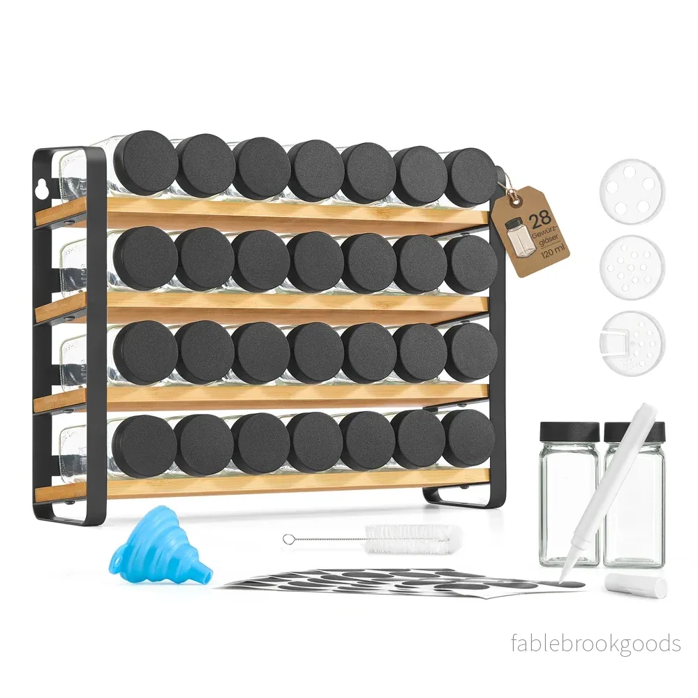 Kruidenrek – 4 Planken – 28 Potjes – Met Etiketten – Inktzwart-Naturel Beige Kruidenrek – 4 Planken – 28 Potjes – Met Etiketten – Inktzwart-Naturel Beige