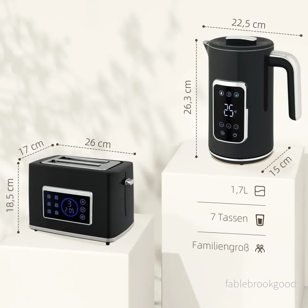 Vattenkokare och brödrostset, LED-touch, 1,7 l, 2 fack, svart - Bild 3
