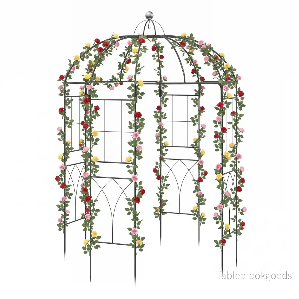 Metallrosenbåge – Rankpaviljong i fågelbur form trädgårdsbåge med markankare rankgaller – 4 203 x 203 x 296 cm – Svart