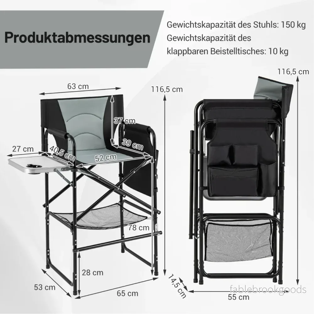 Fällbar – campingstol hög med sidobord avtagbar fotstöd + – Svart - Bild 2