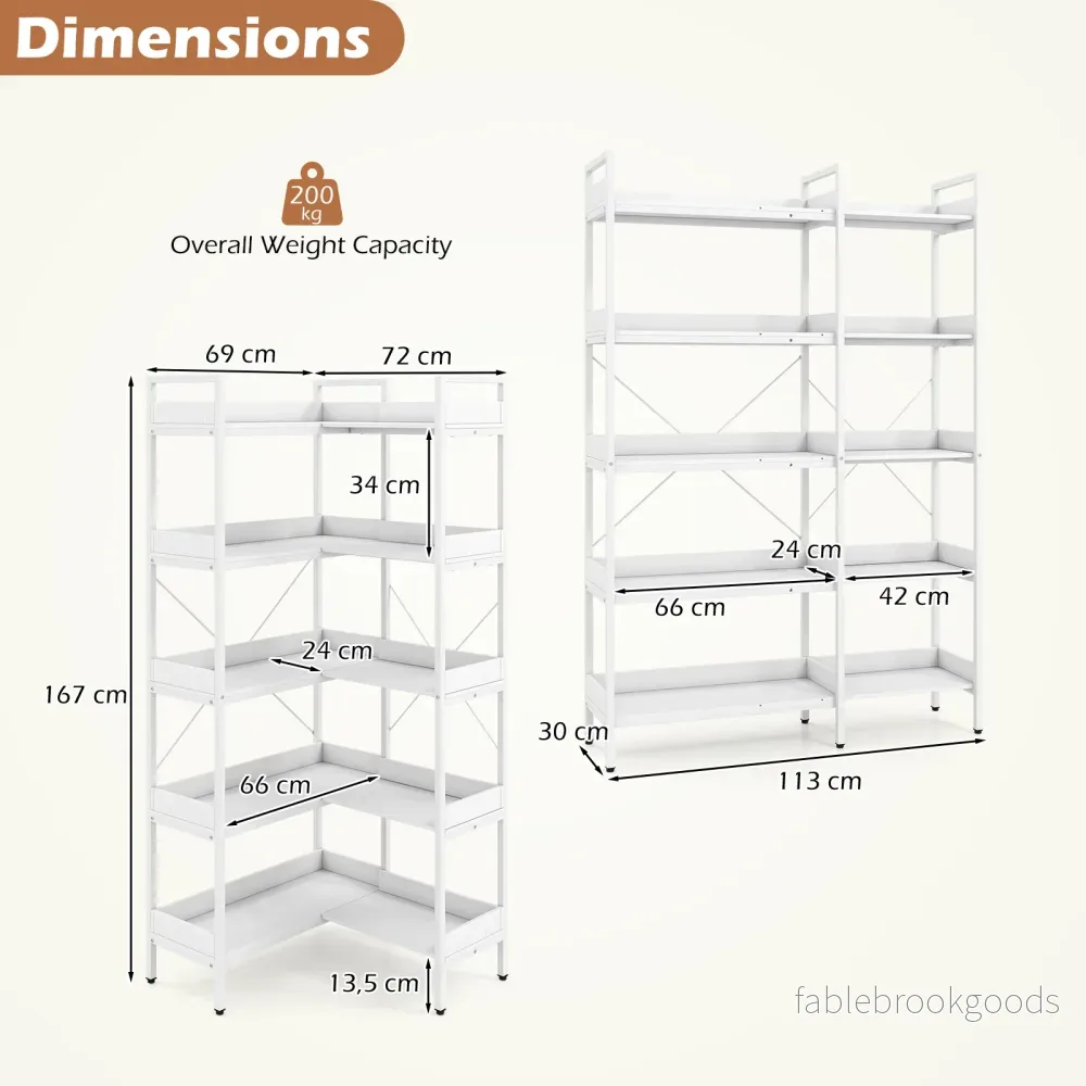 Bücherhylla – 5‑vånad L‑formad hörnhylla av trä med förhöjda sidokanter – 72 x 69 x 167 cm - Bild 2