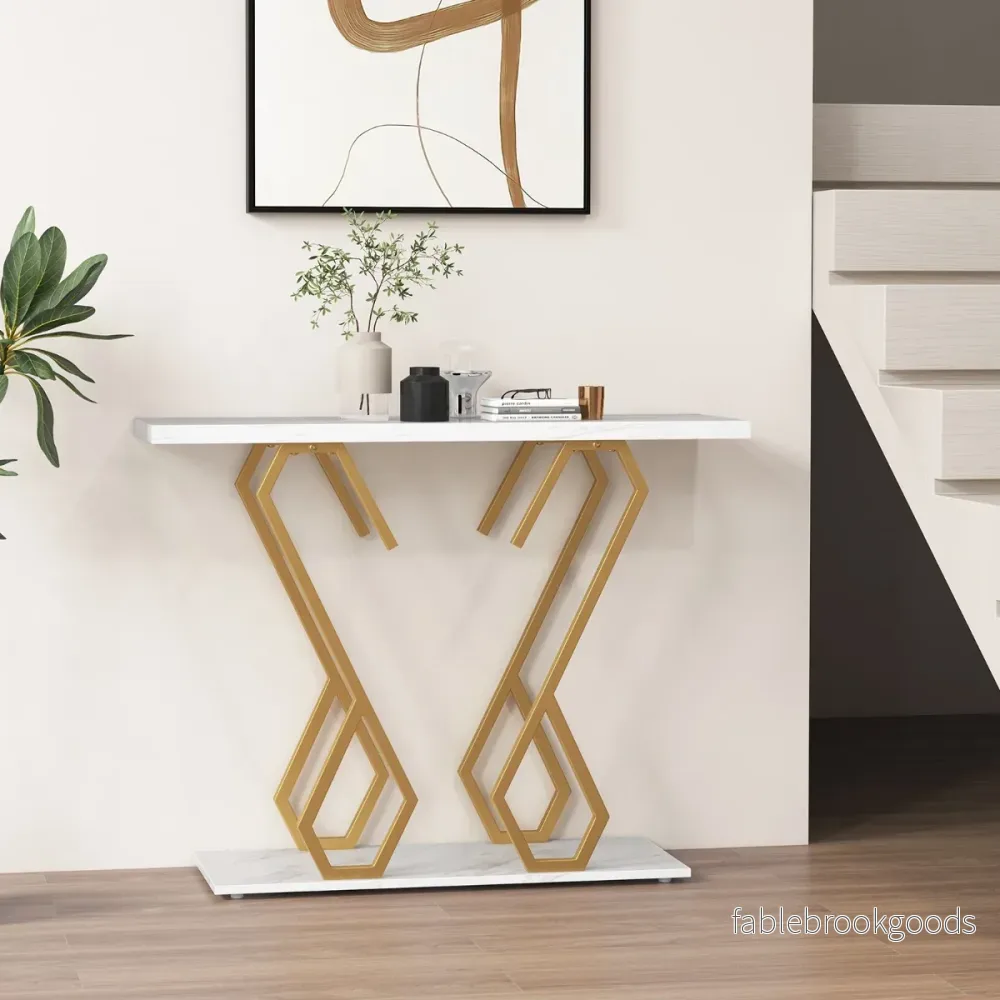 Konsolbord – tillverkat av konstgjord marmor Foajébord med justerbara fotkuddar vitt och – Guld - Bild 3