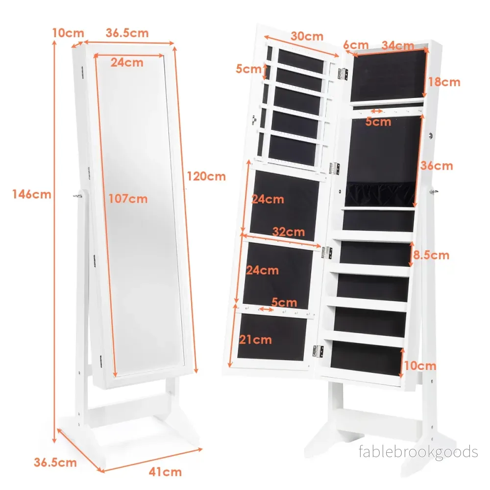 Smyckesskåp – med fullängdsspegel Smyckesställ – 41 x 36,5 x 146 cm – Vit - Bild 3