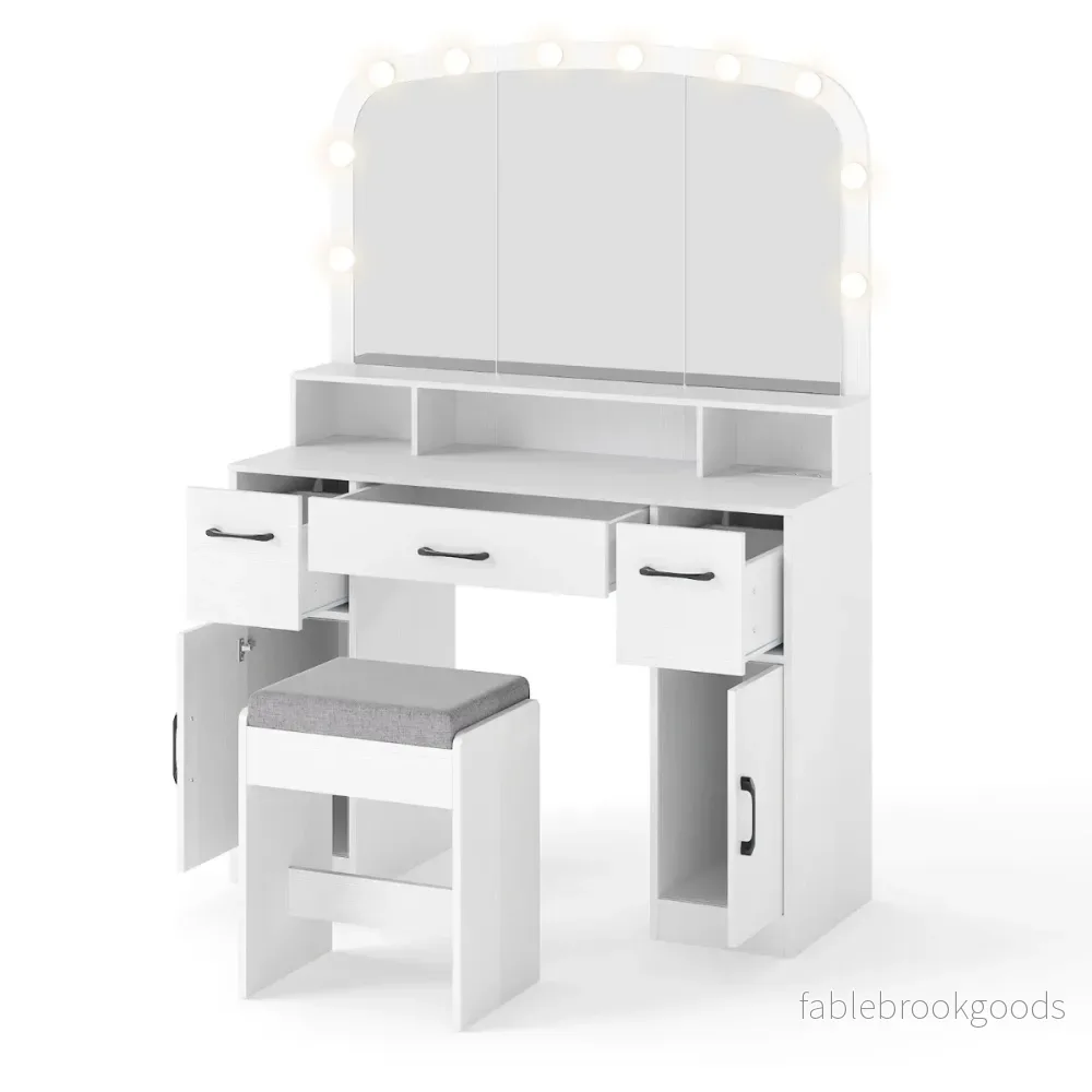 Sminkbord – med sminkpall och ljusfärger LED spegel laddstation frisörbord – 3 – Vit