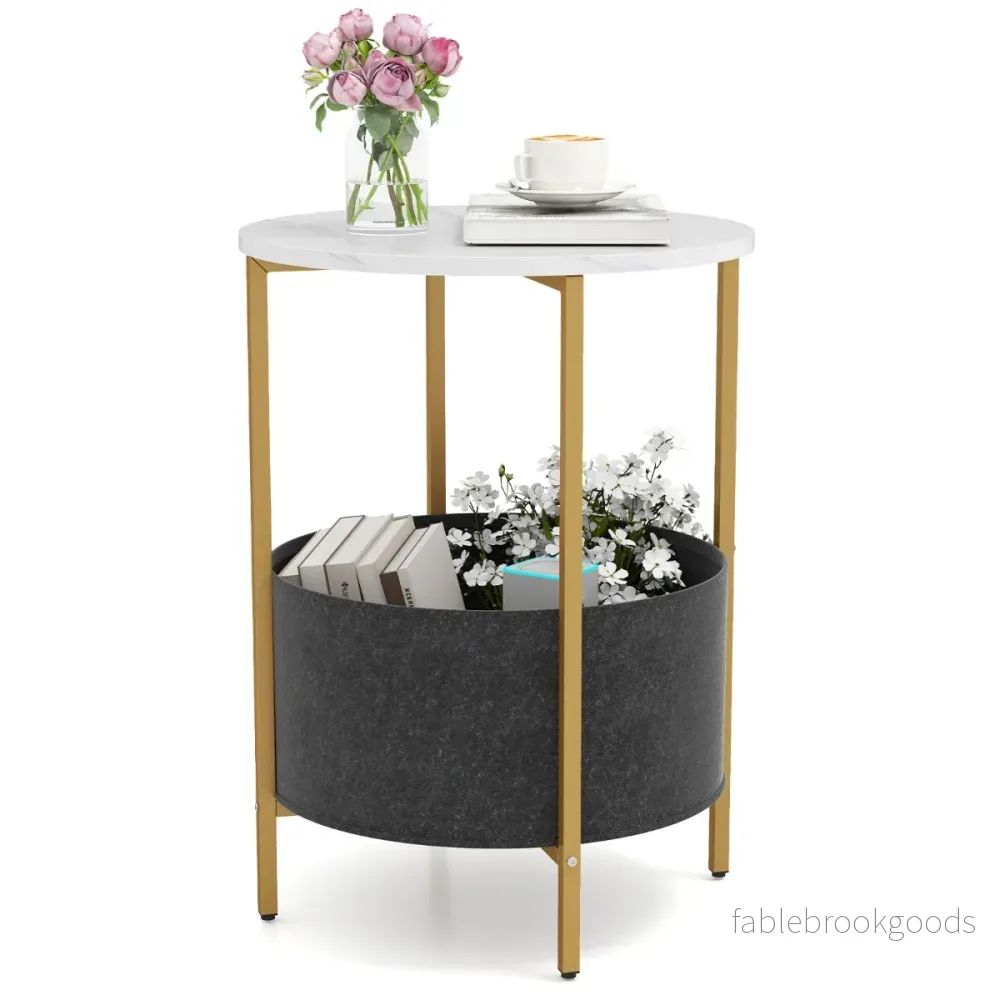 Runt – sidobord med avtagbar tygkorg och metallstomme Modernt sängbord – Vit - Bild 2