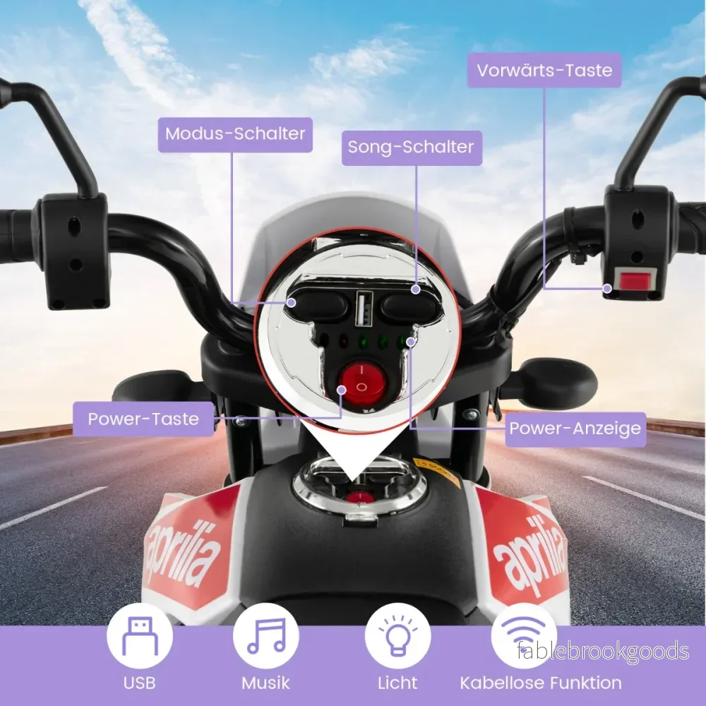 Aprilia – Elektrisk barnmotorcykel med träningshjul och musik strålkastare 12V – Vit - Bild 2