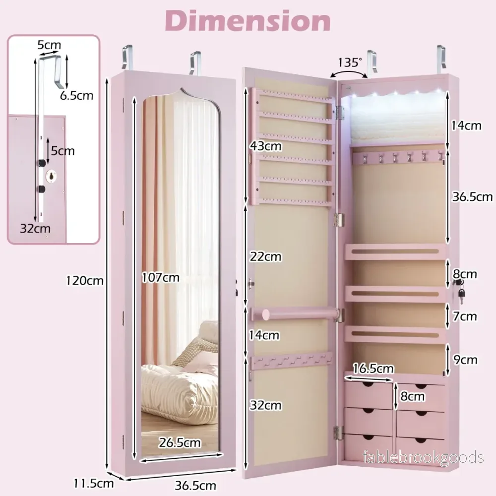 Smyckeskåp – med LED Låsbart vägg spegel och lådor – 6 – Rosa - Bild 2