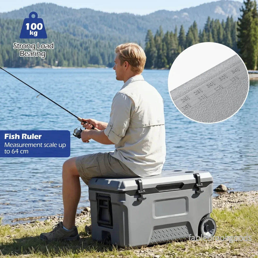 Kylbox – Stor thermobox i plast med hjul och handtag avloppspropp dryckeshållare – 50 l – Grå - Bild 3