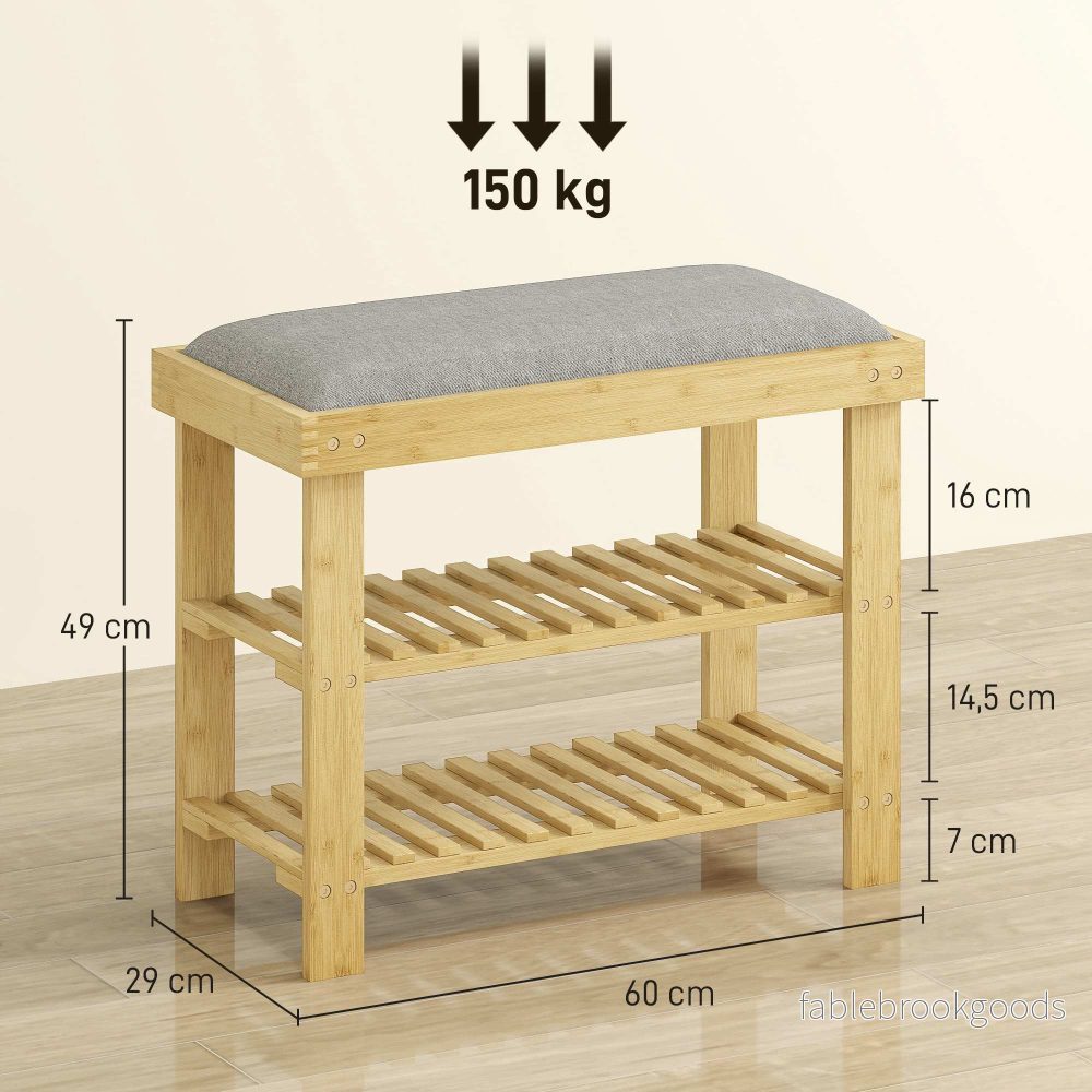 Bambuskobänk med förvaring, 2 hyllor, 60x29x49 cm, grå - Bild 3