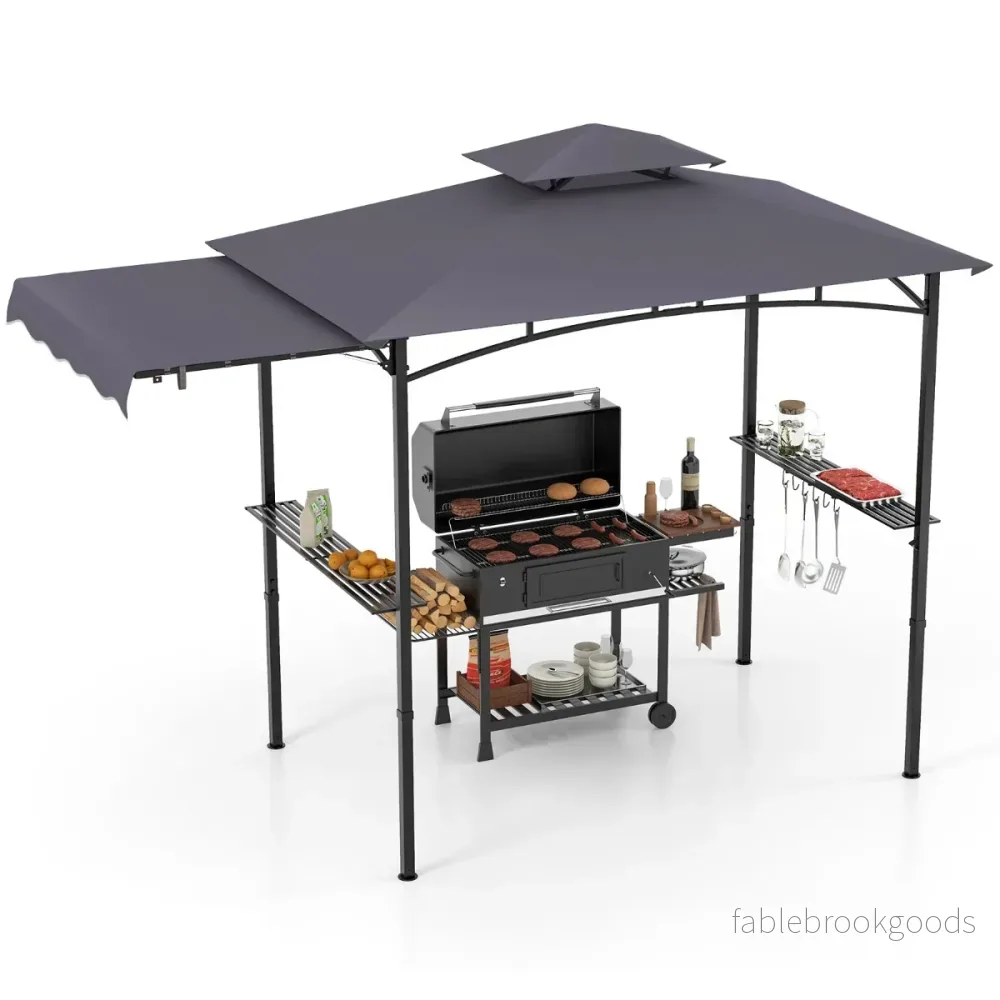 Grillpaviljong – med sidomarkis Dubbel tak sidobord och krokar Trädgårdspaviljong BBQ – 2 – Mörkgrå