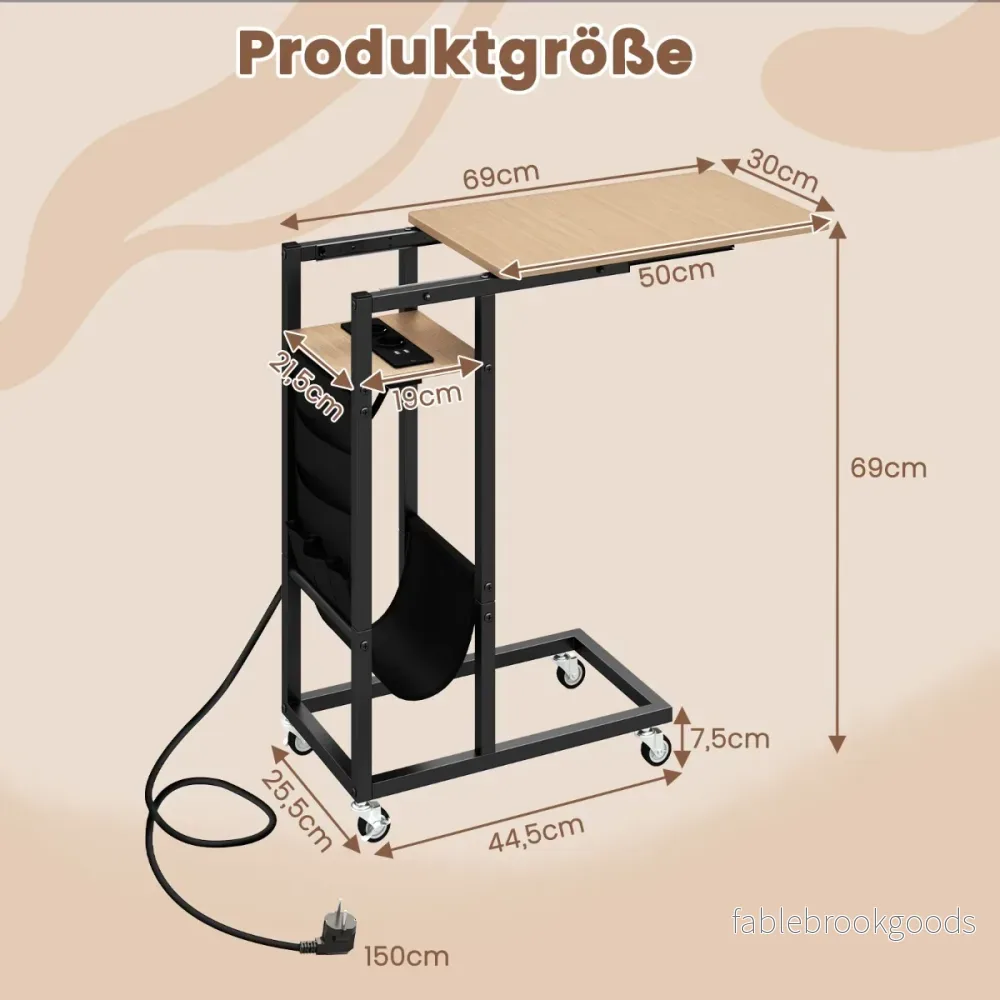 C – formad sidobord med laddstation och utdragbar bordsskiva sidoficka soffbord – Grå - Bild 2