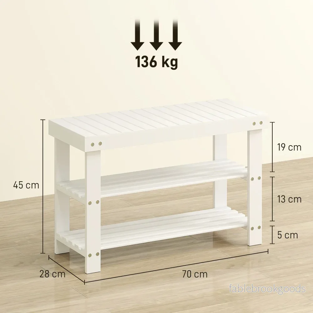 Bambuskobänk med förvaring, 2 hyllor, 70x28x45 cm, vit - Bild 3