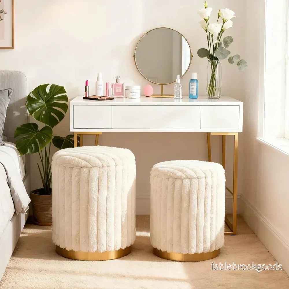 Modernt – ottomanset med st. + runda pallar kaninpälsöverdrag och avtagbara lock – 2 32 L 21 L – Beige - Bild 3