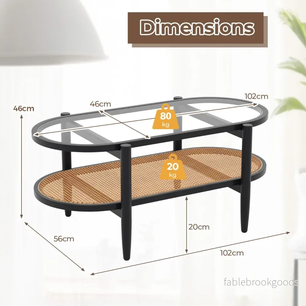 Oval – Soffbord Sidobord Med Glasbordsskiva och Rattanhylla + – 102 x 56 x 47 cm – Svart - Bild 2