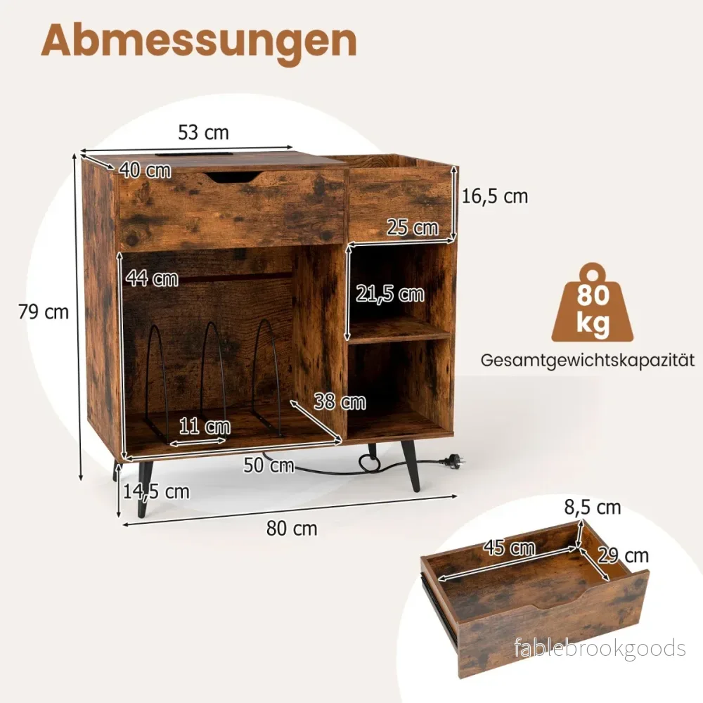 Skivspelaresstativ – Skivskåp med uttag och USB typ C – 79,5 x 40 x 79 cm – Rustik brun - Bild 2