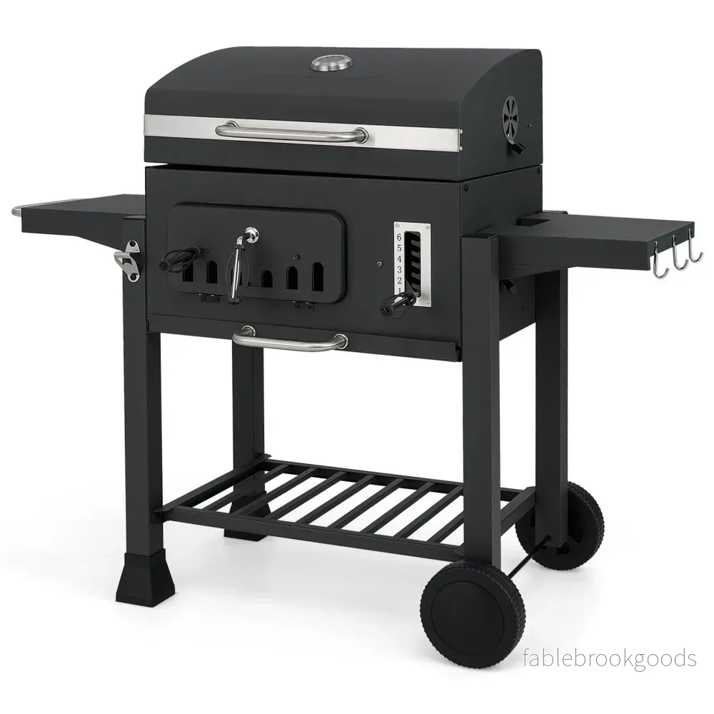 Fass – Holzkolsgrill med fällbara sidobord Utomhusgrill förvaringsfack och hjul – 2 – Svart