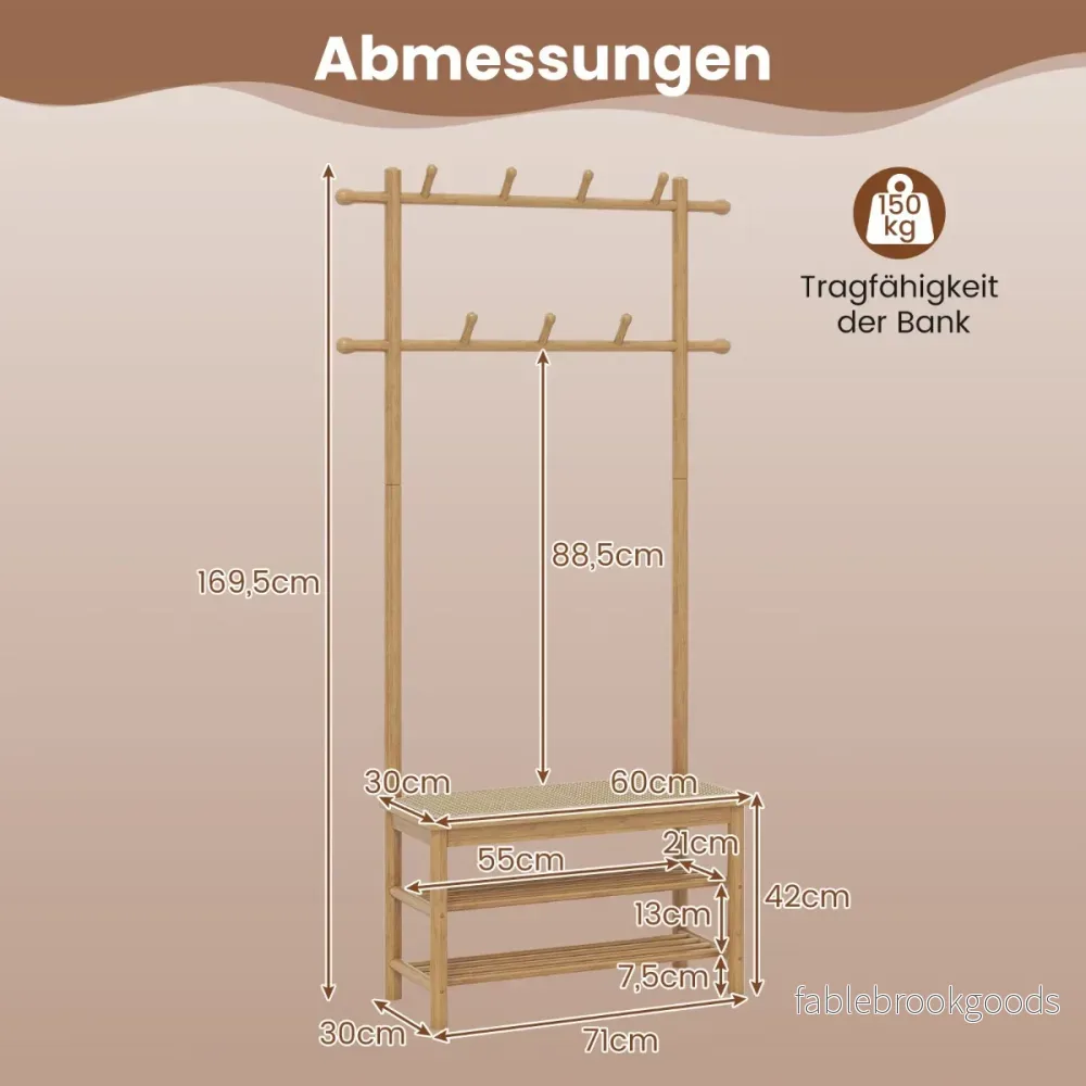 Garderob – med skobänk, skohylla, hängare och krokar, naturfärgad – 2 13 – Natur - Bild 2