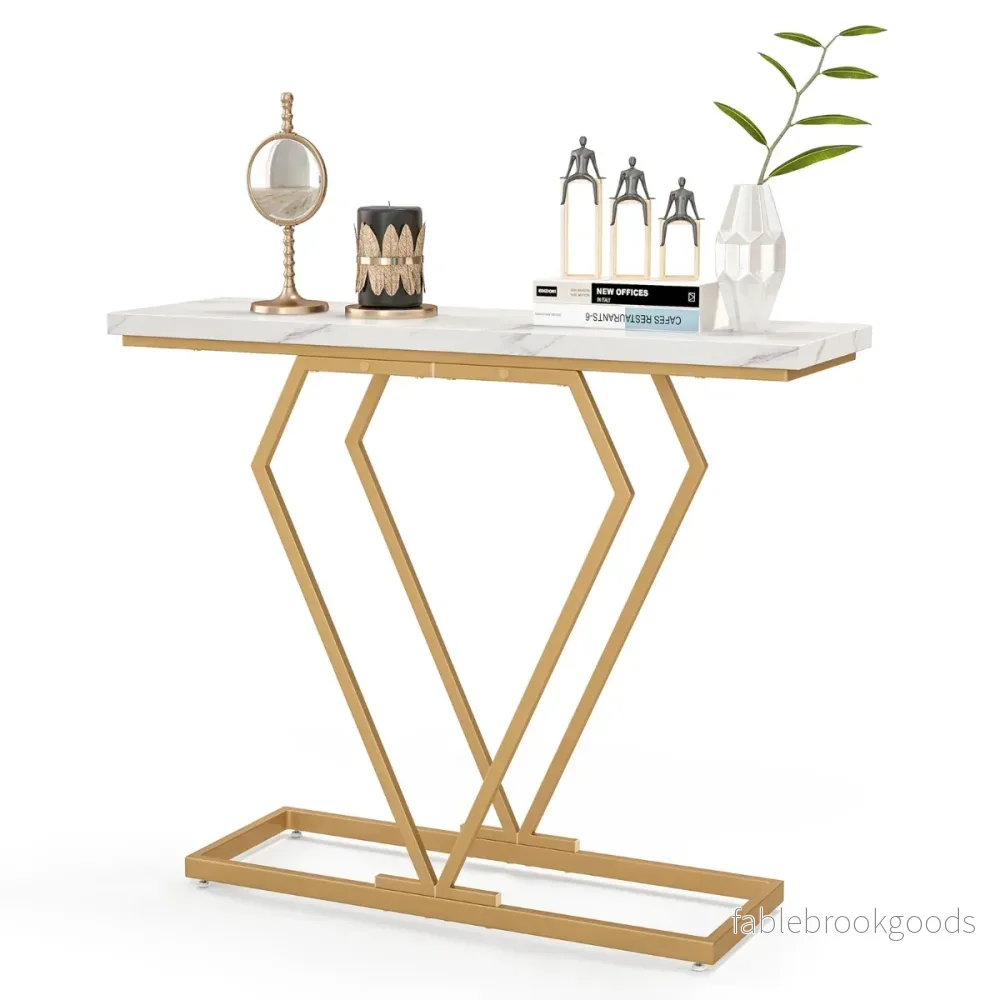 Konsolbord – entrébord smalt hallbord med sidobord i marmorlook för vardagsrum – 100 x 29,5 x 80 cm – Vit