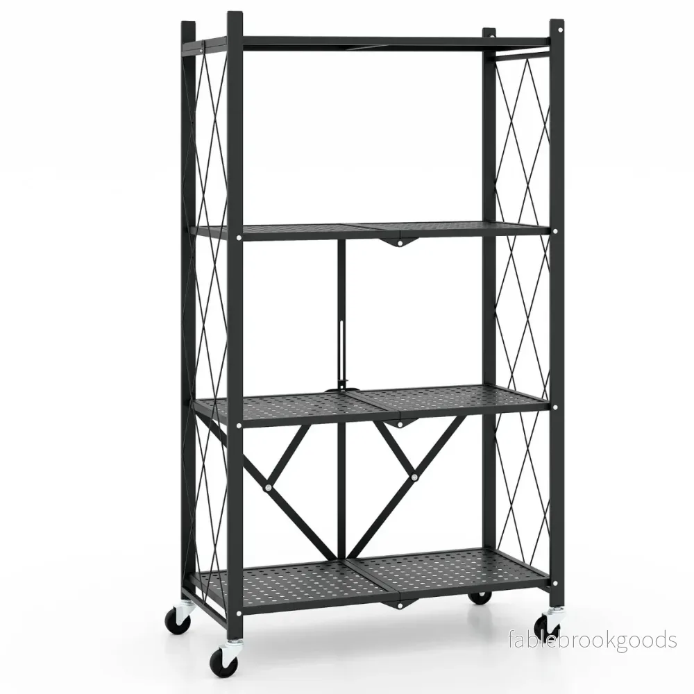 Kraftig – hopfällbar hylla våningar med låsbara hjul – 4 71 x 34 x 126 cm – Svart