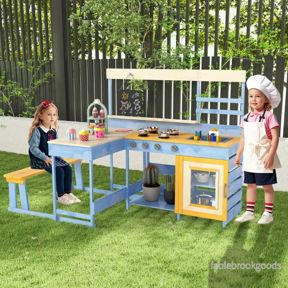 Lekköksset – med picknickbord för barn i gran inbyggd bänk – Blå - Bild 2