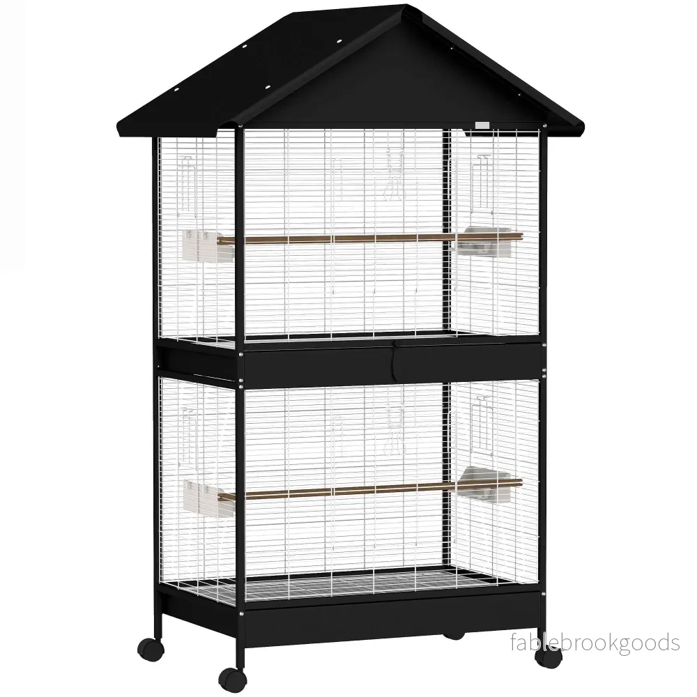 Stor fågelbur med avtagbar avdelare, hjul, vit/svart