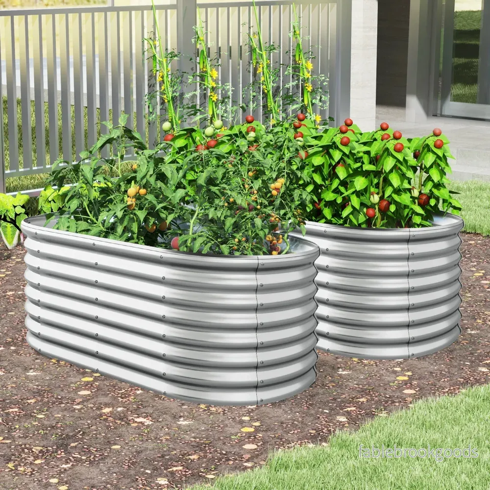 Metall – Oval Höjdodling med Öppen Botten Planteringslåda Förkultivering Wellpapp Blomrabatt – Silver - Bild 3