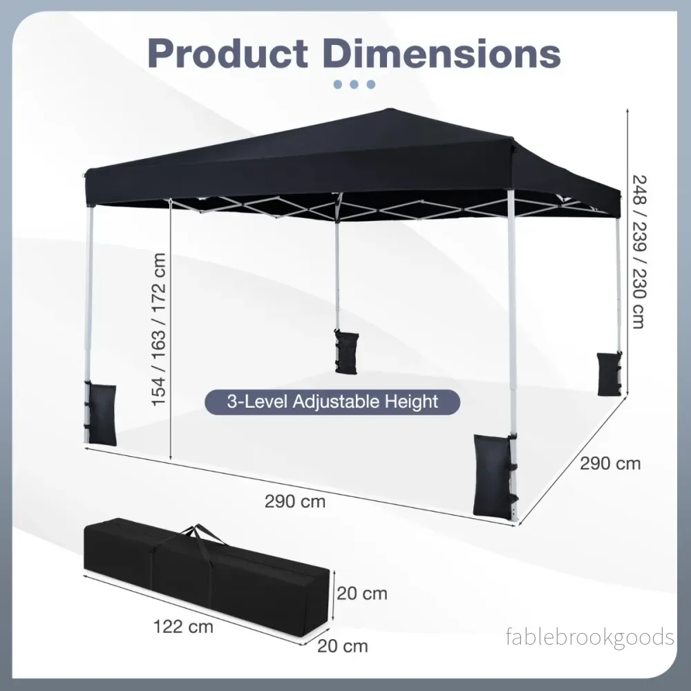 Pop – up paviljong, höjdjusterbar med tillbehör, för strand och camping – 290 x 290 cm – Svart - Bild 2