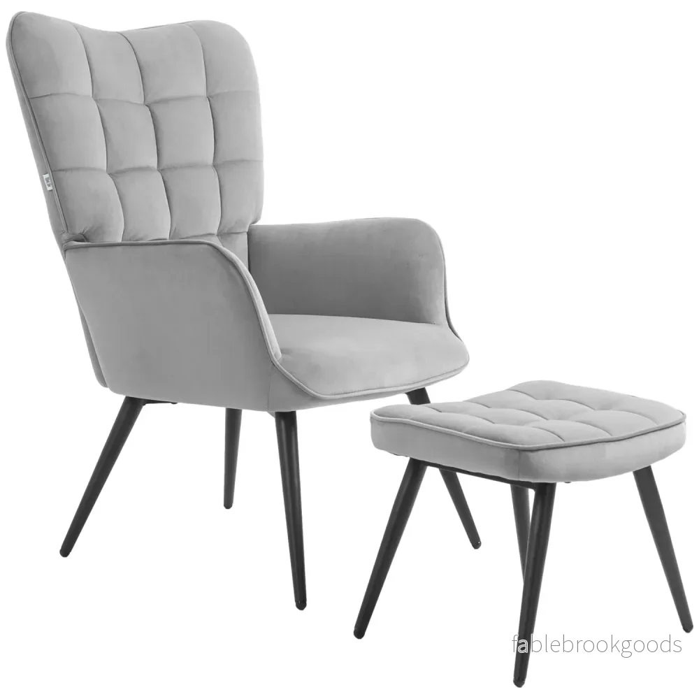 Lounge Wingback stol och pall, sammetslook, ljusgrå