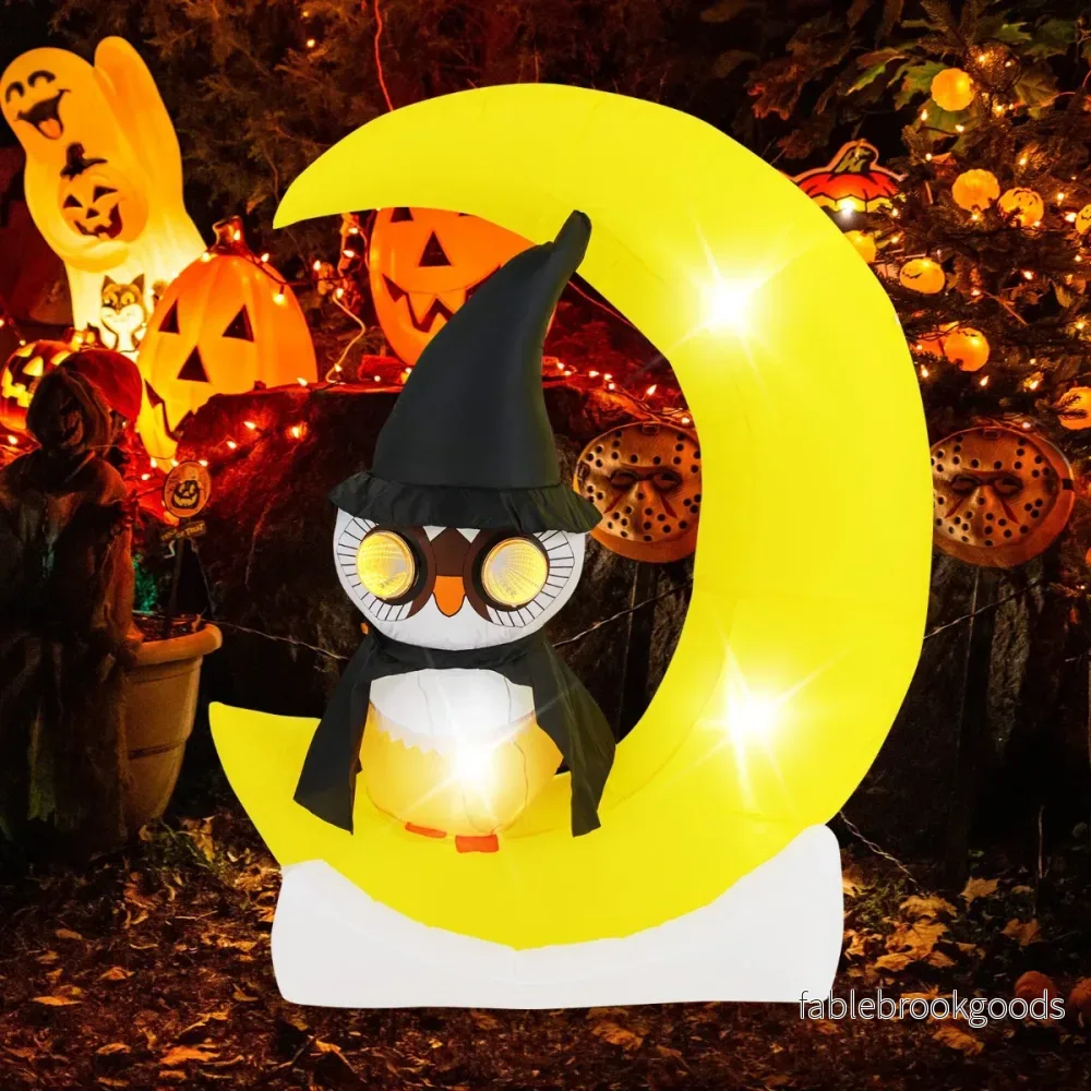 LED uppblåsbar – uggla som står på månen Hemsk Halloween dekoration – 155 cm – Gul - Bild 3