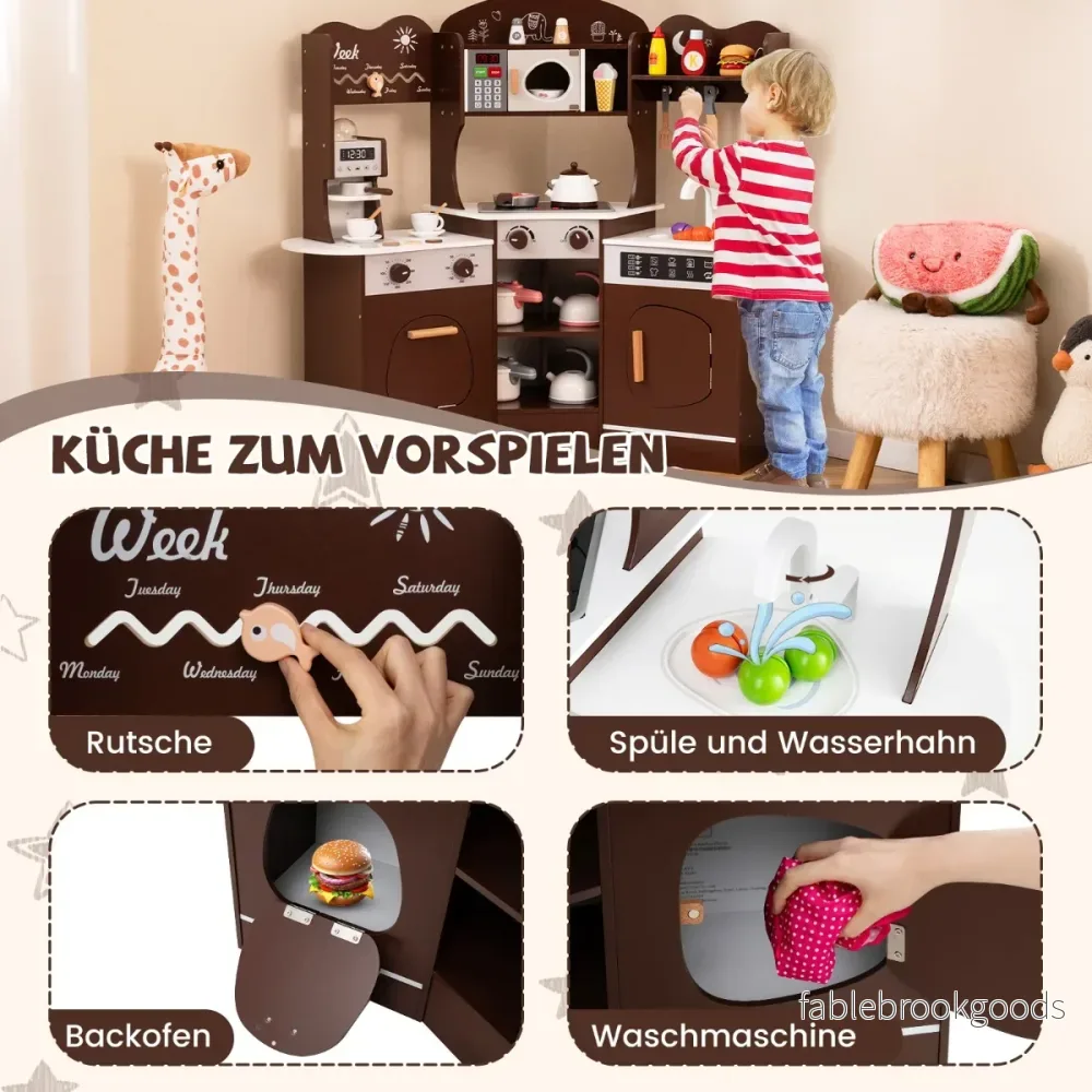 Hörnlekök – i trä med Ljud och Ljus Kaffemaskin Rutschkana Småbarnskök Lekset – Brun - Bild 2