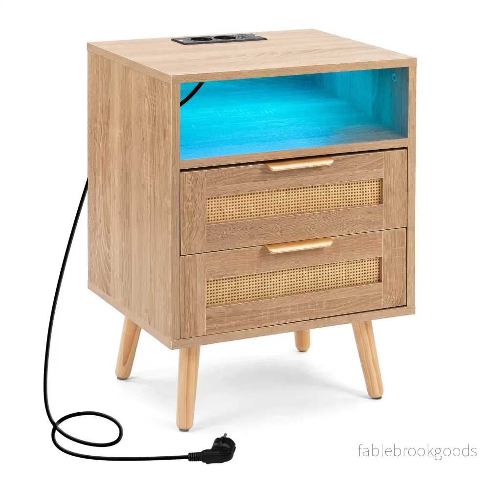 Nattbord – med laddstation och LED ljus, lådor, sidobord rattanutseende – 2