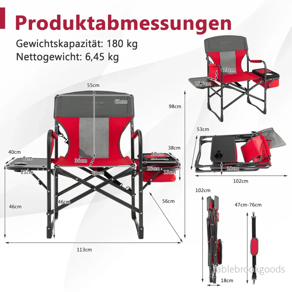 Campingstol – med sidobord och kylväska förvaringsväska Fällbar fiskestol – Röd - Bild 2