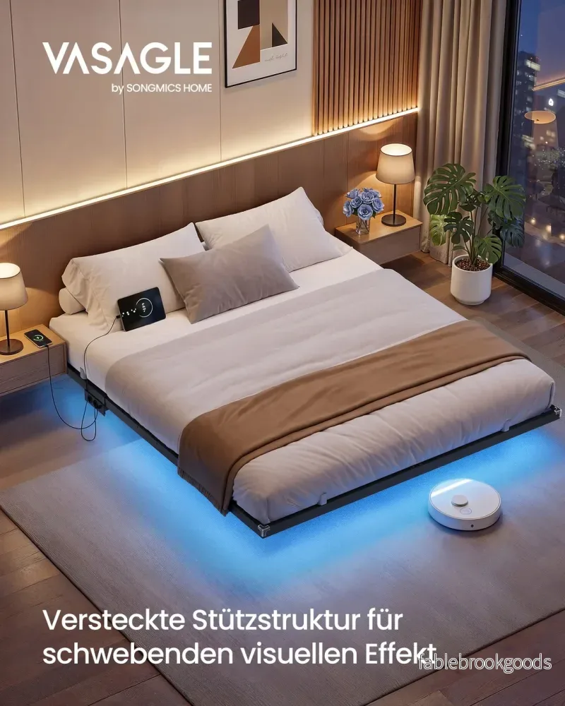 Bedframe - 180 x 200 cm - Zwevend effect - LED-verlichting - Afneembare stekkerdoos - 2 stopcontacten - 1 USB-C-poort - 2 USB-A-poorten - Inktzwart - Draagvermogen tot 500 kg - Bild 2