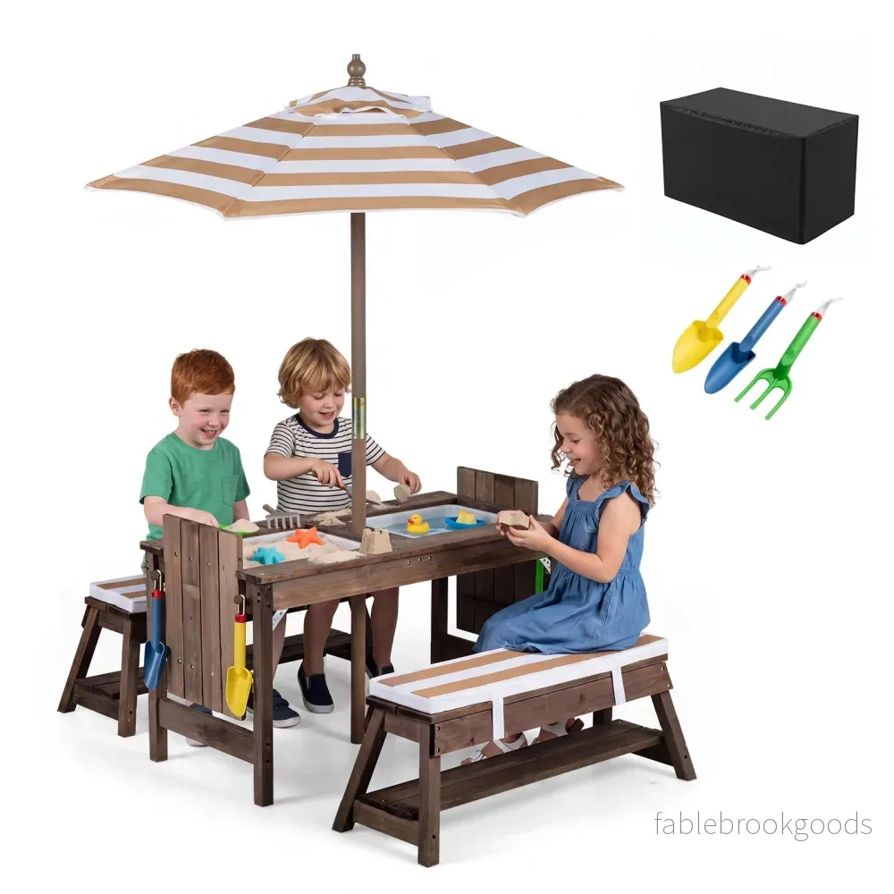Barnmöbelset – i trä med solparaply, barnpicknickbord bänkar och avtagbara sittkuddar – 2