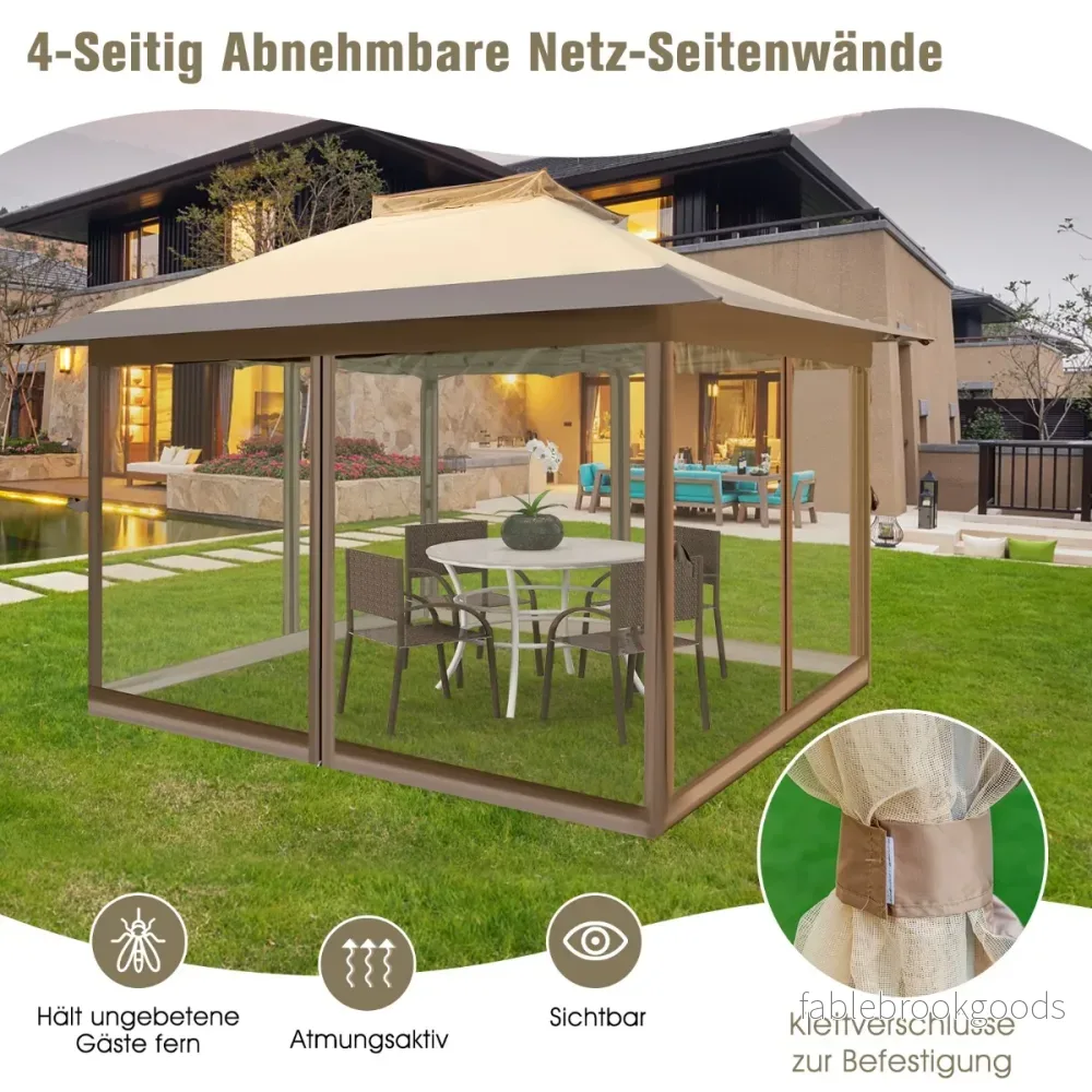 Lusthus – med myggnät och dubbeltak UV skydd 50+ hopfällbart – 3,6 x 3,6 m – Khaki - Bild 2