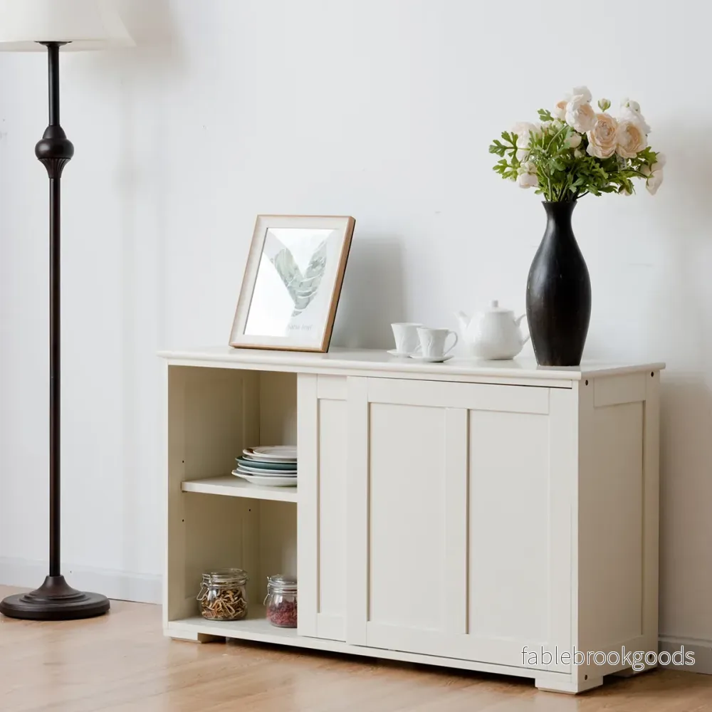 Skänk – Köksskåp Sidoskåp med skjutdörrar Vit/Brun – 106,5 x 33 x 60 cm – Beige