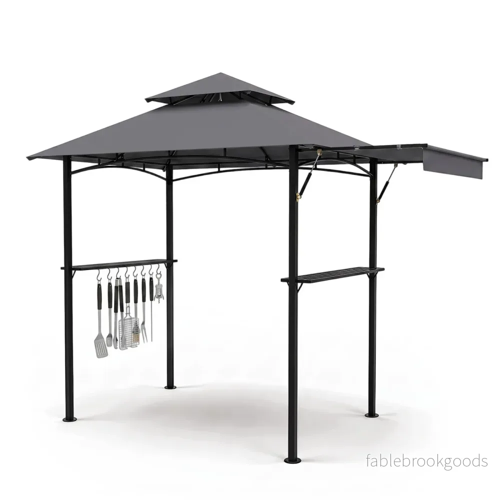 Grillpaviljong – med dubbelt tak och utdragbar sidomarkis Trädgårdspaviljong metallhyllor – 247 x 150 x 254 cm