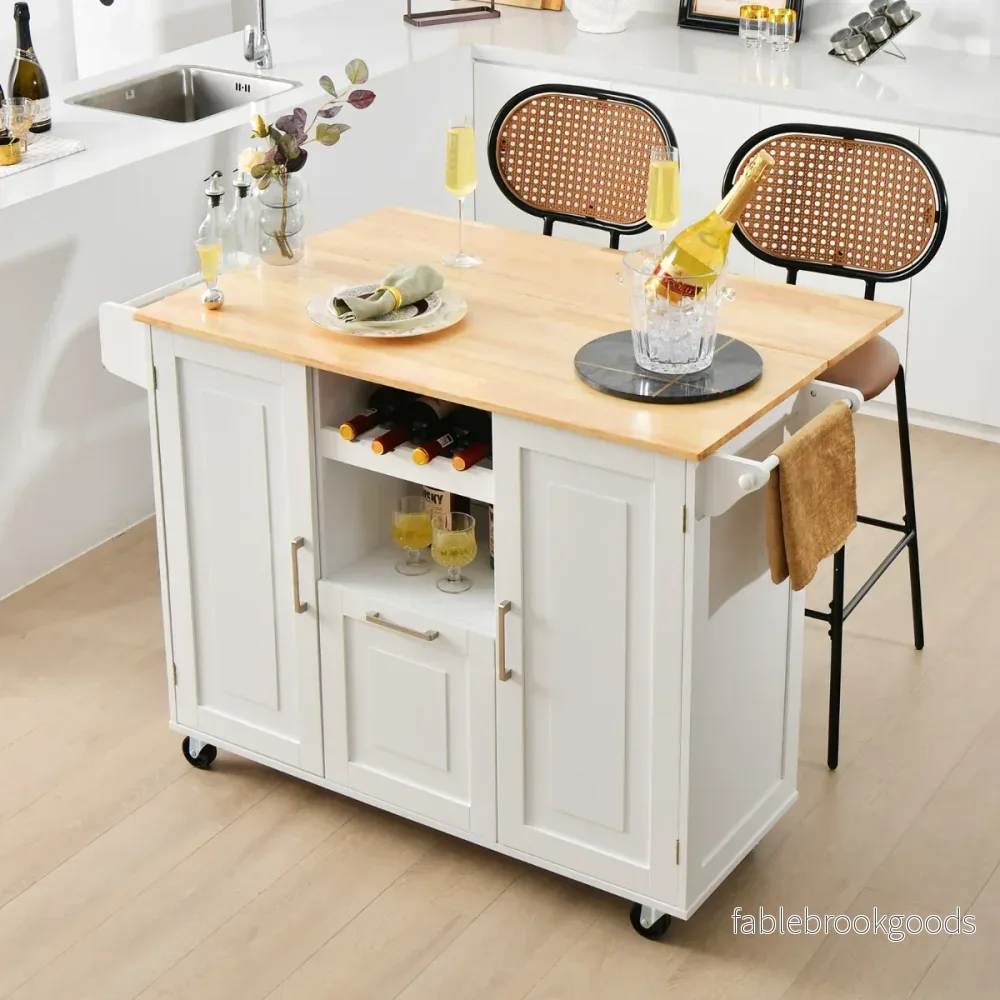 Köksvagn – med hopfällbar bänkskiva och roterande hjul djuplåda Kitchen Island White – 4 – Vit