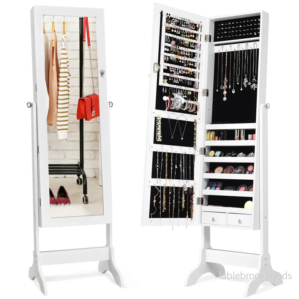 Smyckesskåp – Låsbart Smyckesspegelskåp med – 46 x 37 x 156 cm – Vit