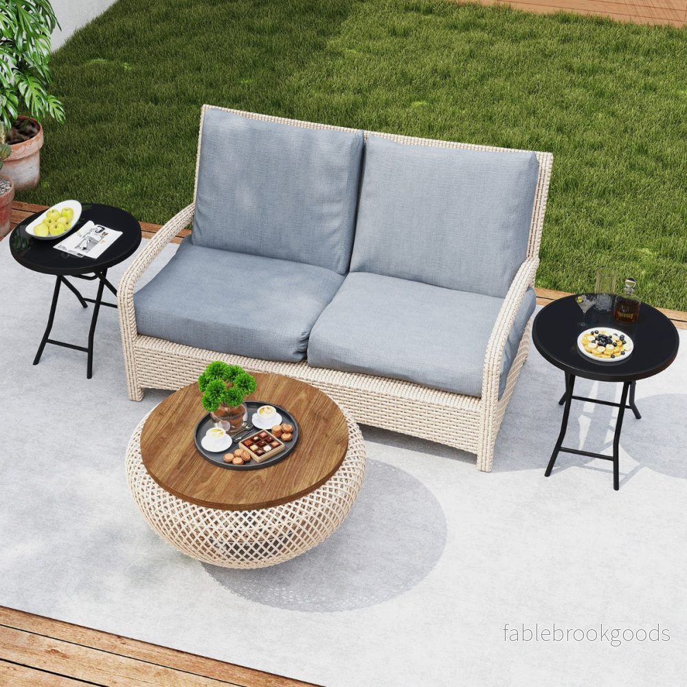 Runt – uteplats soffbord med härdat glasskiva och metallram hopfällbart sidobord – Svart - Bild 3