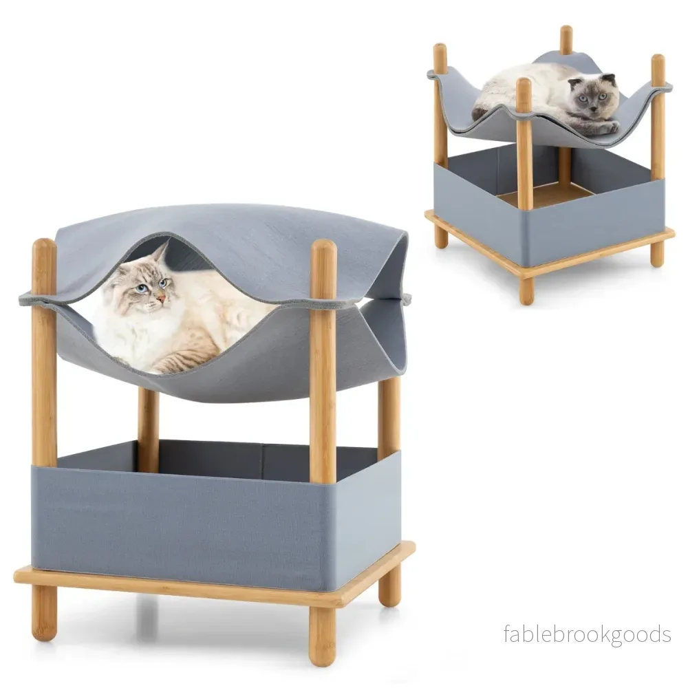 Katthus – våningar Bambu upphöjd kattsäng med förvaringsutrymme Natur+ – 2 40 x 40 x 53 cm – Grå